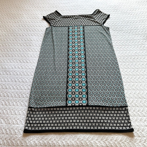 Max Studio Sheath Dress Tile Print Stretch Jersey Square Neck Cap Sleeve Size M - Picture 8 of 14